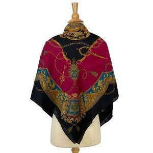 Vintage Echo Royal Florals Scarf Wrap Black Gold Burgundy Teal Square 41 x 41